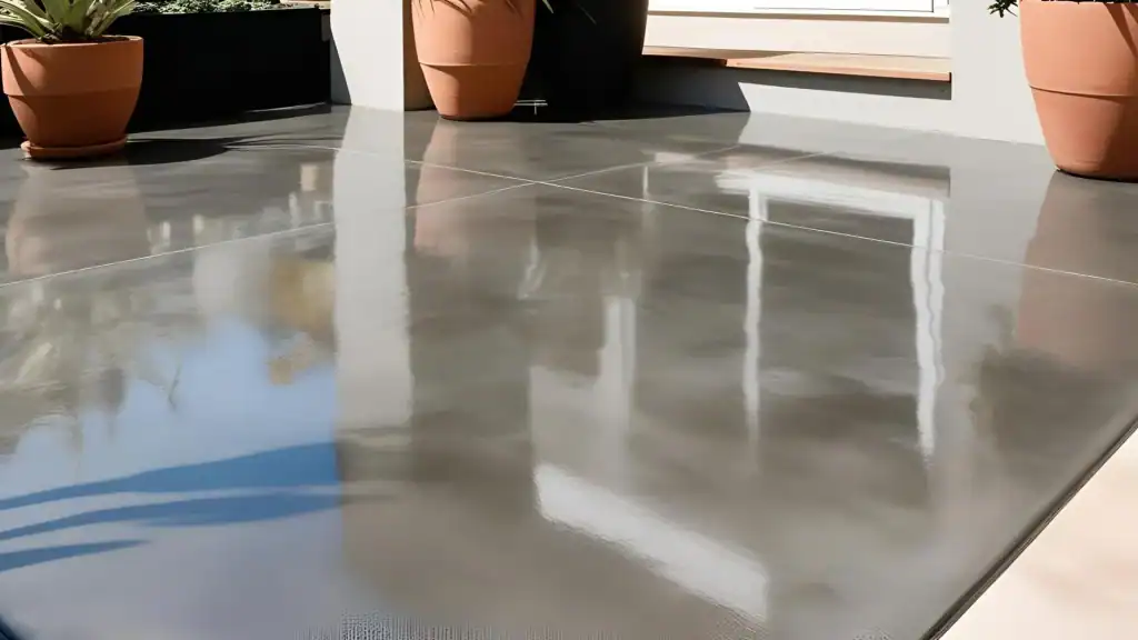 Polished concrete floor with a glossy finish, reflecting sunlight and surrounding potted plants, ideal for modern Perth commercial or residential spaces.