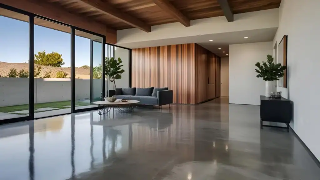 Polished concrete flooring in a modern living room with large glass doors, wooden accents, and minimalist decor, showcasing sleek, durable, and stylish surface for high-end interior spaces.